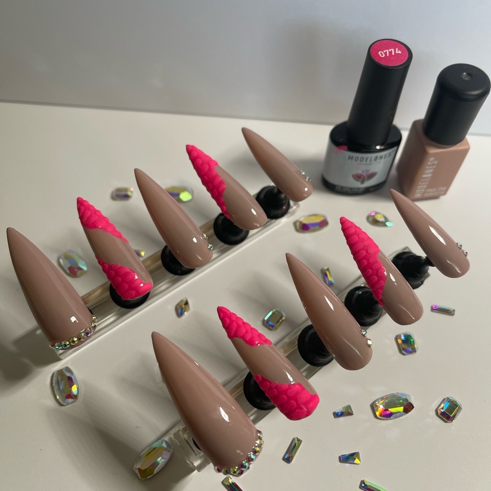 Nude with pink custom acrylic PressOn nails
